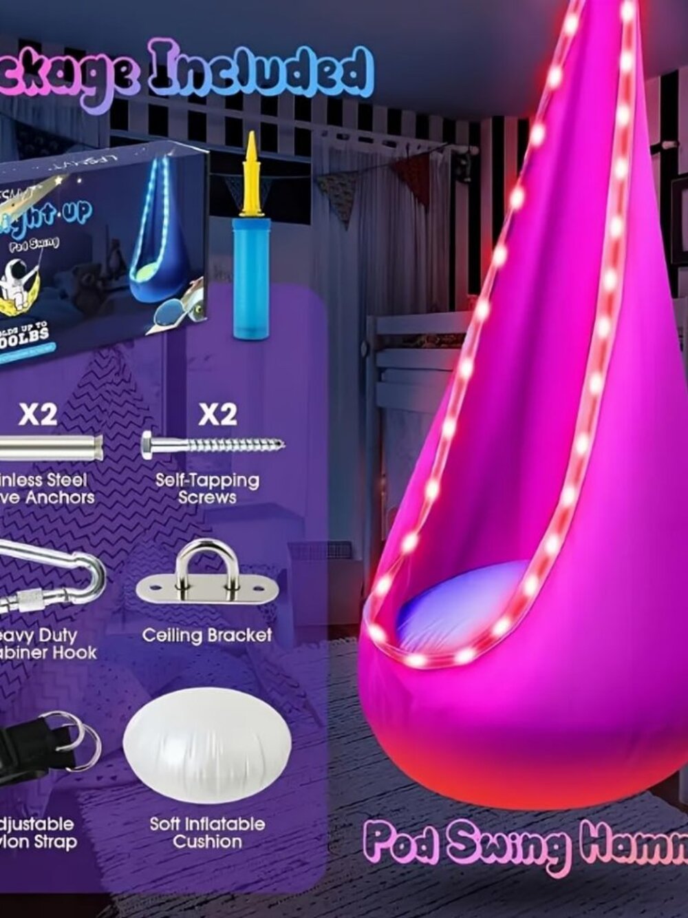 Kids Hanging Pod Swing Chair with 16 Color LED Lights Sensory Nook Blue - Picture 5 of 7
